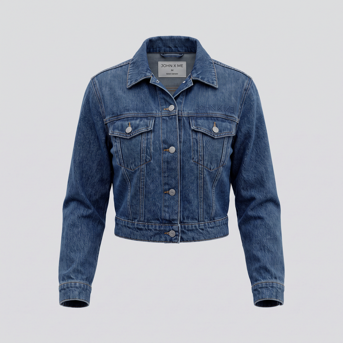 Veste courte en jean, indigo, vue de face — John x Me